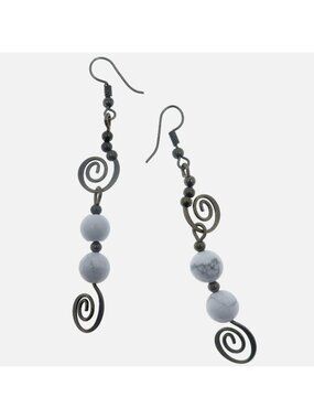 Howlite Earrings White Gemstone Spiral of Peace Long Beaded Dangle Drop Jewelry